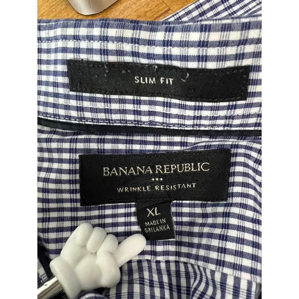 Banana Republic Shirt Mens XL Slim Fit Blue Gingham Wrinkle Resistant Excellent